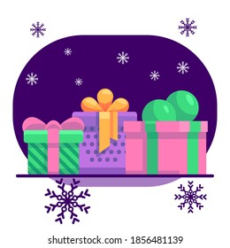 Christmas gift set on white isolated backdrop. Christmas holiday postcard for invitation or gift card, notebook, bath tile, scrapbook. Phone case or cloth print. Flat style stock vector illustration