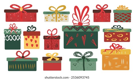 Christmas gift set. Packages in red and green colors with different patterns. Vector elements on white background	