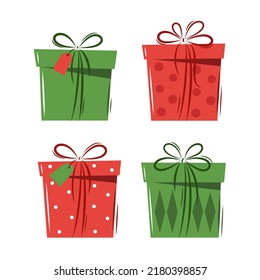 Christmas gift set. Red and green presents boxes with ribbons. Vector illustration.