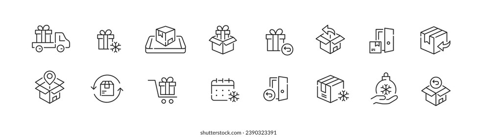 Versand von Weihnachtsgeschenken. Paketrückgabe, Expresslieferung, Haus-zu-Haus-Service. Pixel perfektes, bearbeitbares Strichsymbol