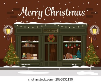 Christmas gift shop. Decorated building facade. Vector illustration in a flat style.