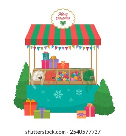 Christmas gift shop market stand. Holiday pavilion with red green awning. Christmas fair popup shop selling winter decorations, gift boxes, tinsel, Xmas ornaments, fir trees. City street booth stall.