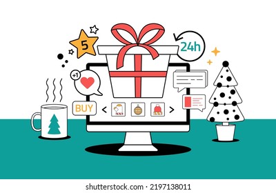 Christmas gift shopping online outline style concept. Christmas online shopping. Line cartoon vector illustration with computer screen with gift box.