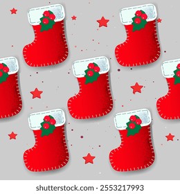 Weihnachtsgeschenksocken auf hellem Hintergrund mit Sternen, nahtloses Muster