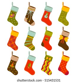 Christmas gift socks set with different holiday elements. Vector illustration.