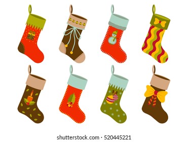 Christmas gift socks set with different holiday elements. Vector illustration.