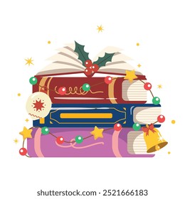 christmas gift, Stack of books decorate with light for christmas tree. Merry Christmas and Happy New Year banner, greeting card, poster, holiday design.