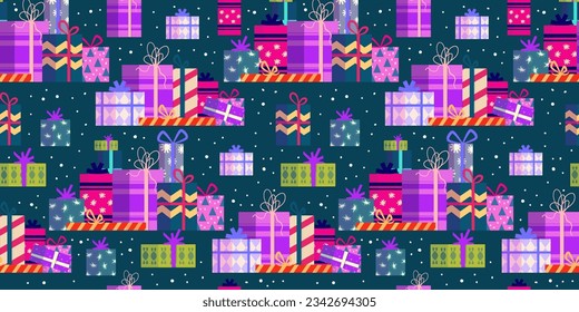 Christmas gift stack seamless pattern. Present box for holiday. Bright seamless pattern for present paper. Cartoon vector illustration. Christmas box.
