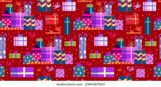 Christmas gift stack seamless pattern. Present box for holiday. Bright seamless pattern for present paper. Cartoon vector illustration. Christmas box.