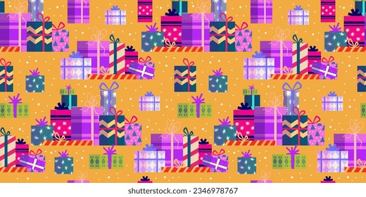 Christmas gift stack seamless pattern. Present box for holiday. Bright seamless pattern for present paper. Cartoon vector illustration. Christmas box.