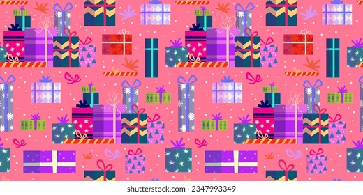 Christmas gift stack seamless pattern. Present box for holiday. Bright seamless pattern for present paper. Cartoon vector illustration. Christmas box.