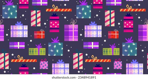 Christmas gift stack seamless pattern. Present box for holiday. Bright seamless pattern for present paper. Cartoon vector illustration. Christmas box.