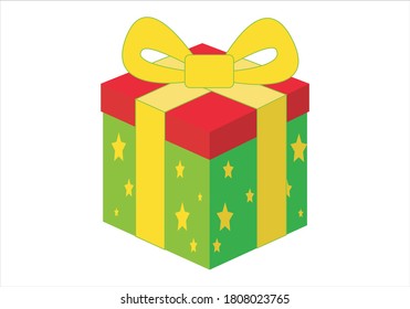 
Christmas gift with stars and yellow bow. Green box and red lid on white background