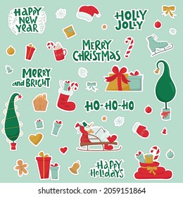 Christmas gift stickers set with handwritten lettering sign and decorative elements. Vector stock illustration isolated on mint background for print. EPS10