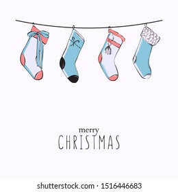 Christmas gift stocking hanging advertising. Merry Christmas and Happy New Year holiday design with hand-drawn socks for presents. Xmas cute decor in vector.