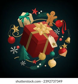 Christmas gift surrounded by ornaments, holiday and celebrations concept