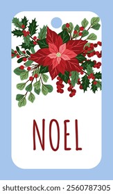 Christmas gift tag with botanical elements and wishes for holidays. Greeting tag tamplate. Hand drawn vector illustration