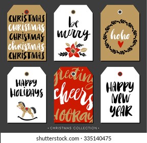 Christmas gift tag with calligraphy. Handwritten modern brush lettering: Merry Christmas, Happy Holidays, New Year, Cheers. Hand drawn design elements.