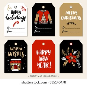 Christmas Gift Tag With Calligraphy. Handwritten Modern Brush Lettering: Merry Christmas, Happy Holidays, Warm Wishes, New Year. Hand Drawn Design Elements.