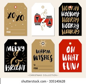 Christmas gift tag with calligraphy. Handwritten modern brush lettering: XO XO, Hooray, Merry and Bright, Warm Wishes, Oh What Fun. Hand drawn design elements.