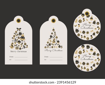 Tarjetas de etiqueta de regalo de Navidad. Elementos de diseño dibujados a mano. Ilustración plana vectorial clásica de color negro y oro dibujado a mano. Para las etiquetas actuales, tarjeta, scrapbooking, invitación, medios sociales, publicación, impresiones