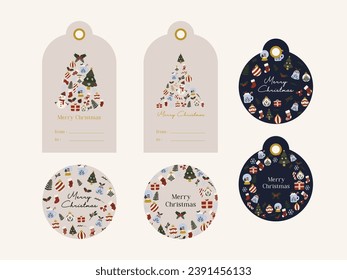 Christmas gift tag cards. Hand drawn design elements. Colourful hand drawn vector flat illustration. For present tags, card, scrapbooking, invitation, social media, post, prints