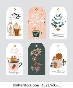 Christmas gift tag with cute hygge ilustration and holiday lettering wishes. Printable hand drawn cards templates. Sseasonal labels design. Vector. Isolated set