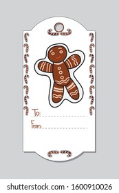 Christmas gift tag with hand-drawn Christmas symbols - gingerbread men with candy. Vector illustration isolated on grey background.