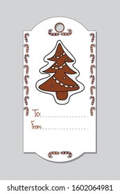 Christmas gift tag with hand-drawn Christmas symbols - gingerbread of christmas tree. Vector illustration isolated on grey background.