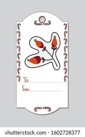 Christmas gift tag with hand-drawn Christmas symbols - gingerbread rose hip. Vector illustration isolated on grey background.