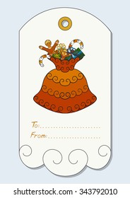 Christmas gift tag with hand-drawn Christmas symbols - Christmas Santa Claus bag with gifts, candy canes, gingerbread men. Vector illustration.