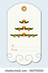 Christmas gift tag with hand-drawn Christmas symbols - Christmas tree garlands decorated with ribbons, stars, bells and balls set. Vector illustration.