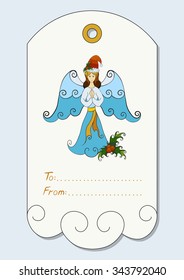 Christmas gift tag with hand-drawn Christmas symbols - Christmas angel in Santa Claus hat with mistletoe. Vector illustration.