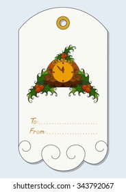 Christmas gift tag with hand-drawn Christmas symbols - Christmas mantel antique clock decorated mistletoe. Vector illustration.