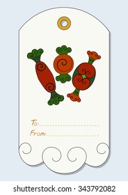 Christmas gift tag with hand-drawn Christmas symbols - Christmas candies set. Vector illustration.