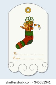 Christmas gift tag with hand-drawn christmas symbols - Christmas sock with gift, candy cane, gingerbread girl. Vector illustration.