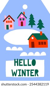 Christmas gift tag with holidays village houses. Cute Christmas label vector template. Hello winter