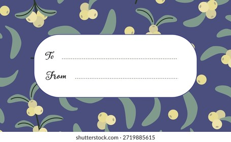 Etiqueta de regalo de Navidad con patrón de muérdago y texto de origen. Diseño de etiqueta de vacaciones de Vector plano en colores azul, verde y crema, perfecto para envoltura de regalos imprimibles o empaques de temporada.