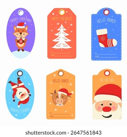 Christmas gift tag. Penguin, santa and bear in festive winter design. Snowflake, mistletoe and greeting card with marshmallow cup. Cute holiday message and celebration label vector.

