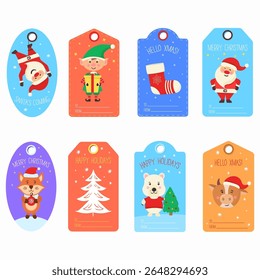 Christmas gift tag. Penguin, santa and bear in festive winter design. Snowflake, mistletoe and greeting card with marshmallow cup. Cute holiday message and celebration label vector.

