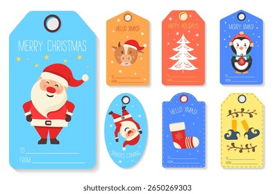 Christmas gift tag. Penguin, santa and bear in festive winter design. Snowflake, mistletoe and greeting card with marshmallow cup. Cute holiday message and celebration label vector.

