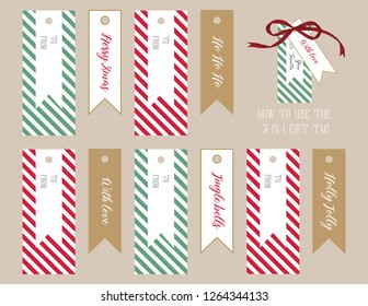 Christmas gift tag printable with stripes. Five 2-in-1 tags. Each large tag is 40x95mm when printed on 8.5x11"/A4.