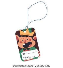 Christmas gift tag with string and elf character vector cartoon illustration isolated on a white background.