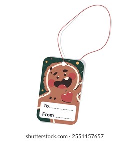 Christmas gift tag with string and gingerbread man character vector cartoon illustration isolated on a white background.