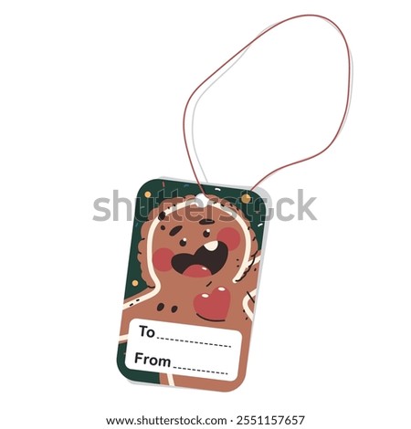 Christmas gift tag with string and gingerbread man character vector cartoon illustration isolated on a white background.