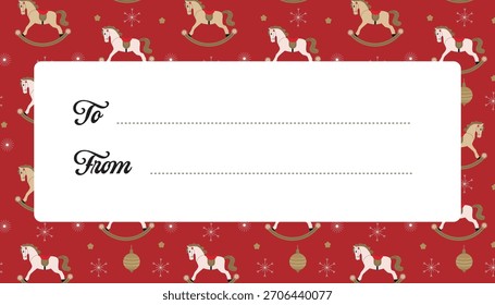 Weihnachtsgeschenkanhänger mit "To"- und "From"-Feldern auf weißem Etikett auf rotem Hintergrund mit Schaukelpferd-Muster, Schneeflocken und Ornamenten. Flache Vektorgrafik. 