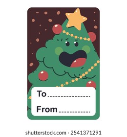 Christmas gift tag with tree character vector cartoon illustration isolated on a white background.