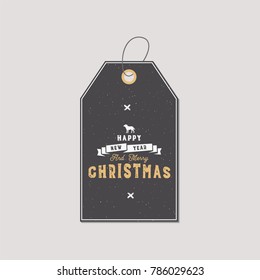 Christmas gift tag. Typography quote design. Happy new year and Merry Christmas. Holidays sign with dog symbol. Inspirational print for t shirts, mugs, decorations, costumes. Stock vector isolated.