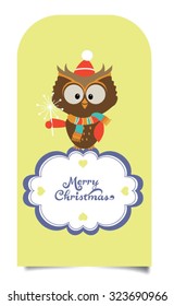 Christmas gift tag. Vector illustration. Funny owl with winter hat