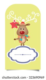 Christmas gift tag. Vector illustration. Funny reindeer holding red balloon